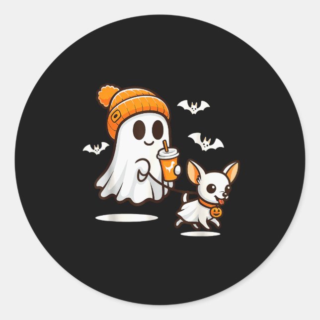Funny Ghost Walking Chihuahua Dog Halloween Women  Classic Round Sticker (Front)