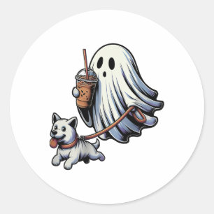Funny Ghost Walking Dog Ghost Dog Halloween Night Classic Round Sticker