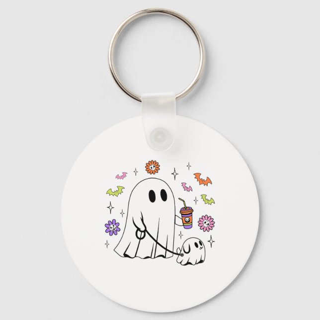 Funny Ghost Walking Dog Spooky Ghost Coffee Hallow Key Ring (Front)