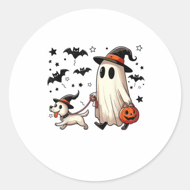 Funny Ghost Walking Dog Spooky Season Halloween Co Classic Round Sticker (Front)