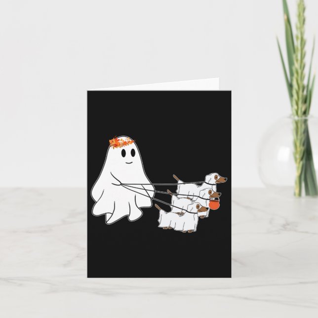 Funny Ghost Walking With Three Dog Halloween Fall  Card (Front)