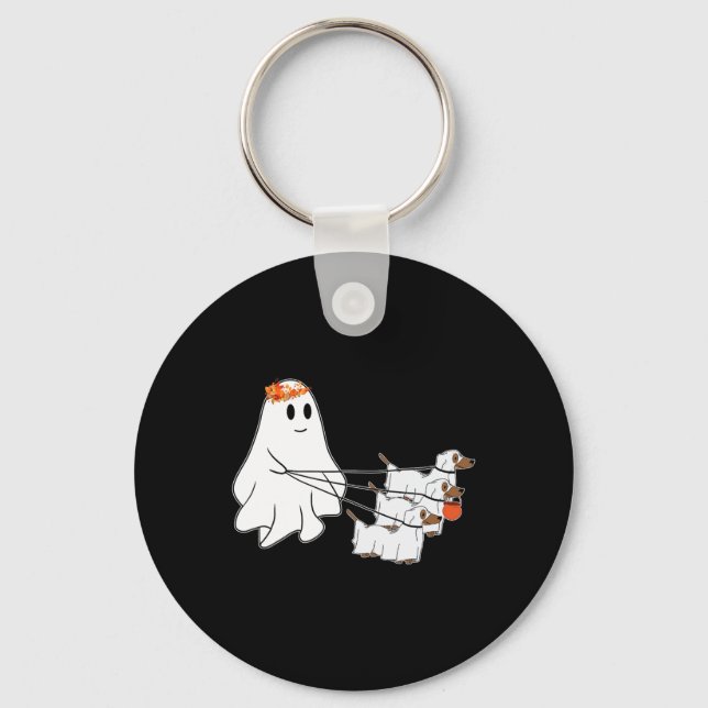 Funny Ghost Walking With Three Dog Halloween Fall  Key Ring (Front)