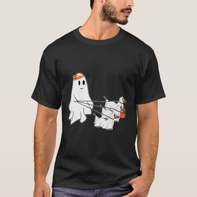 Funny Ghost Walking With Three Dog Halloween Fall  T-Shirt (Front)