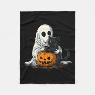 Funny Ghost With Black Cat And Jack O Lantern Fleece Blanket