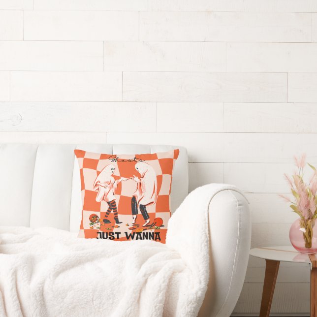 Funny Ghosts Just Wanna Have Fun Halloween Orange Cushion (Couch)