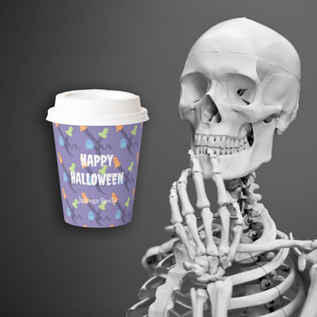 Funny ghosts on lilac. Customisable Halloween Paper Cups (Funny ghosts on lilac. Customizable Halloween Paper Cups)
