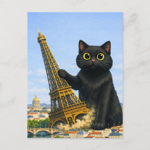 Funny Giant Black Cat Topples Eiffel Tower Postcard