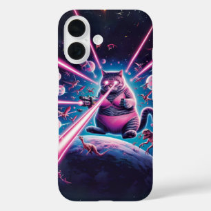 Funny giant cat and dinosaurs in space iPhone 16 case