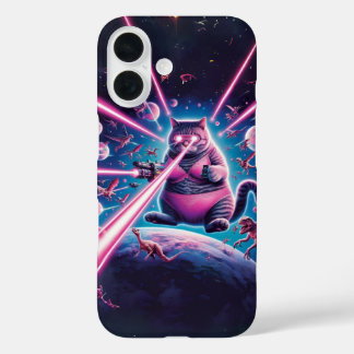 Funny giant cat and dinosaurs in space iPhone 16 case