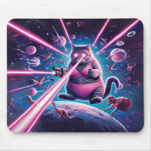 Funny giant cat and dinosaurs in space mouse mat