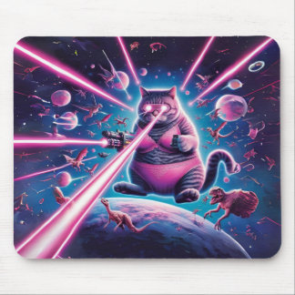 Funny giant cat and dinosaurs in space mouse mat