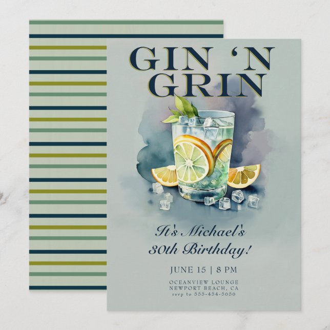 Funny Gin n Grin Cocktail Party Men 30th Birthday Invitation (Front/Back)