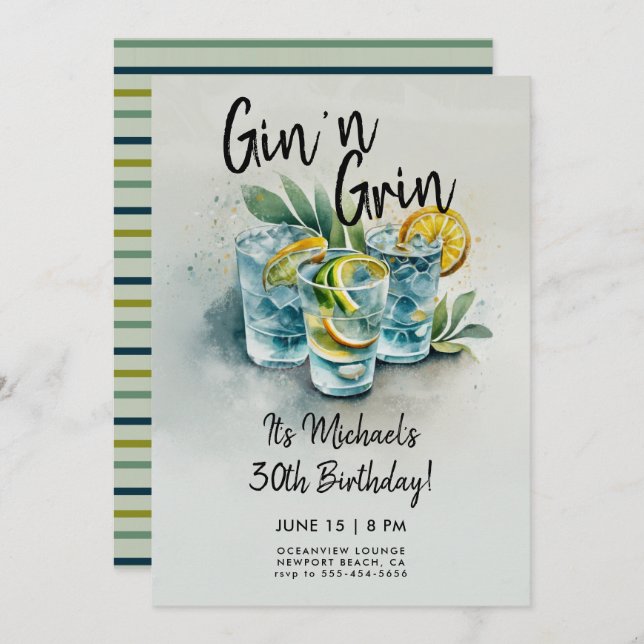 Funny Gin n Grin Drinks Party Men 30th Birthday Invitation (Front/Back)