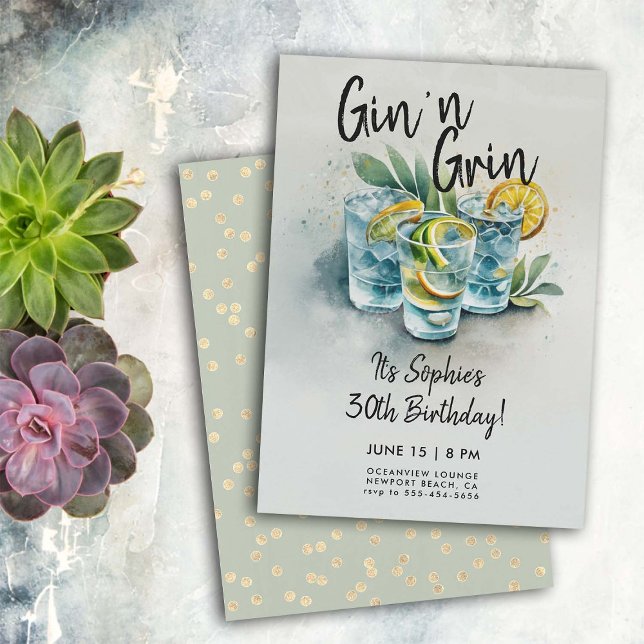 Funny Gin n Grin Drinks Party Modern 30th Birthday Invitation (funny 30 birthday invitations for women gin grin cocktails hour party watercolor modern chic classy)