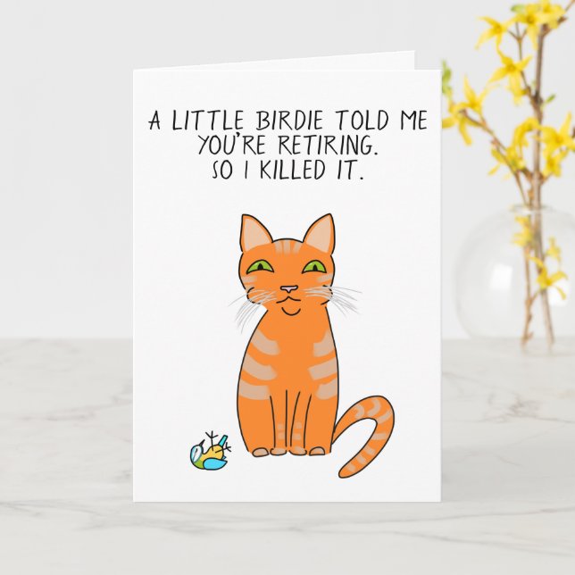 Funny ginger cat cartoon retirement card (Yellow Flower)