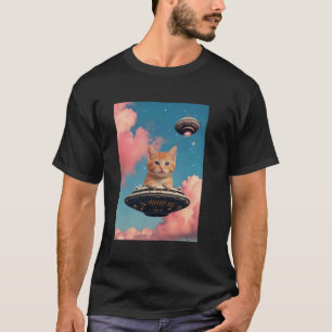 Funny Ginger Kitten Cat UFO in a Starry Night Sky T-Shirt