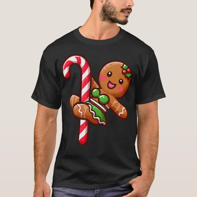 Funny Gingerbread Girl Candy Cane Dancer Christmas T-Shirt (Front)