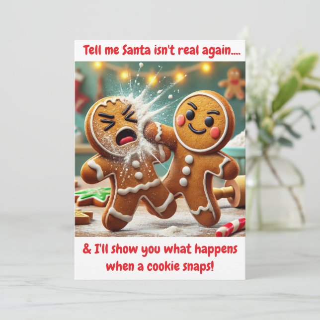 Funny Gingerbread man Argue over Santa Holiday Card (Standing Front)
