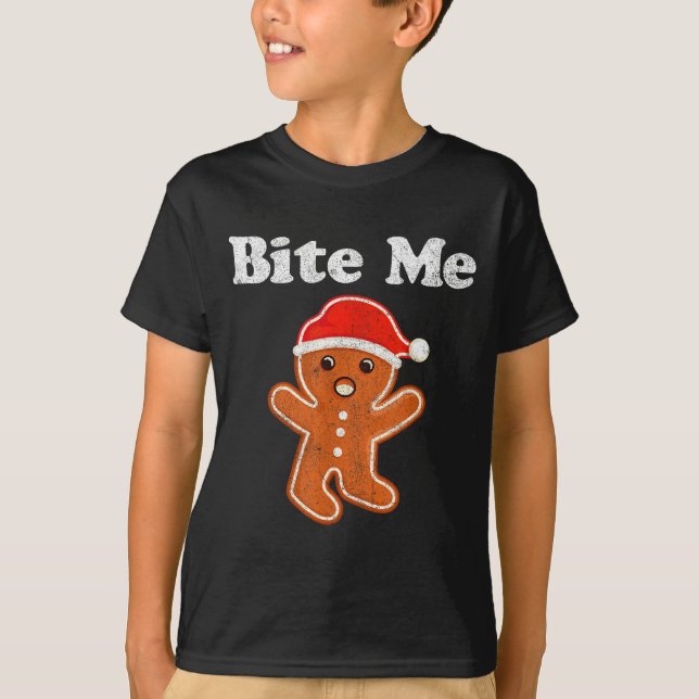 Funny Gingerbread Man Bite Me Christmas Cookie Cos T-Shirt (Front)