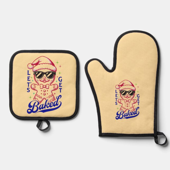 Funny Gingerbread Man - Let's Get Baked Oven Mitt & Pot Holder Set (Front)