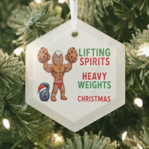 Funny Gingerbread Man Lifting Weights Christmas Glass Tree Decoration
