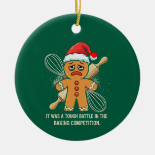 Funny Gingerbread Man "Tough Battle Baking Ceramic Tree Decoration