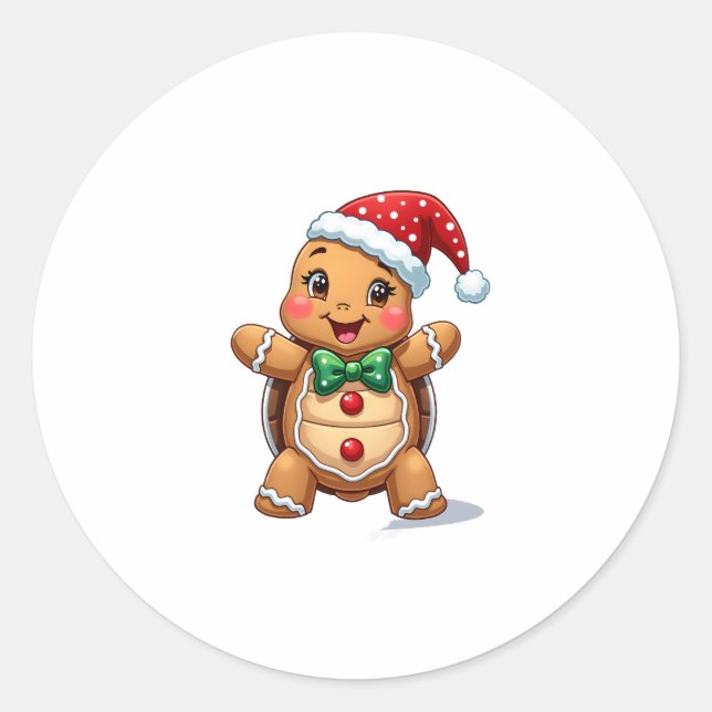 Funny Gingerbread Man Turtle Christmas Womens Mens Classic Round Sticker (Front)