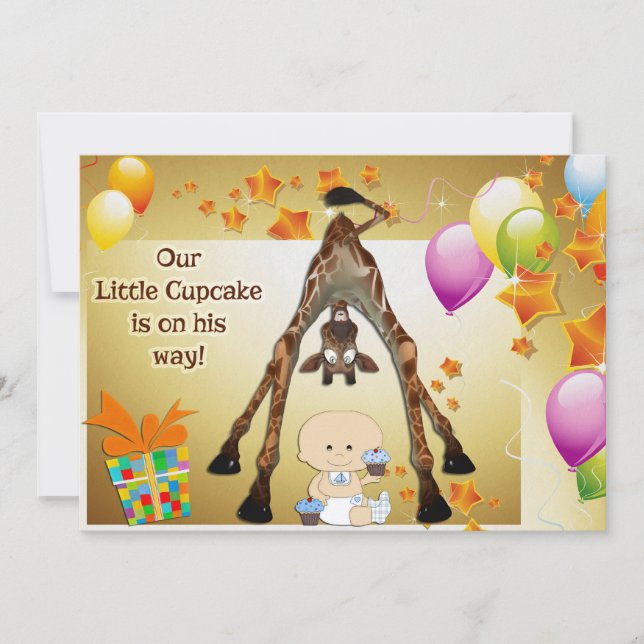 Funny Giraffe, Baby Boy and Cupcakes Baby Shower Invitation (Front)
