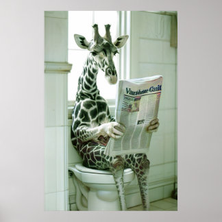 Funny Giraffe Bathroom Wall Art, Giraffe on Toilet Poster