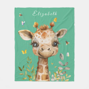 Funny Giraffe Big Eyes Butterflies Bees Fleece Blanket