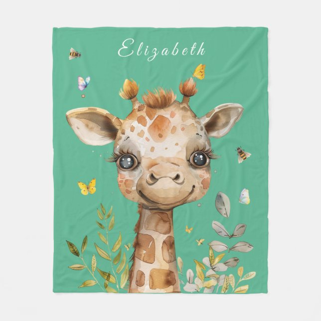 Funny Giraffe Big Eyes Butterflies Bees Fleece Blanket (Front)