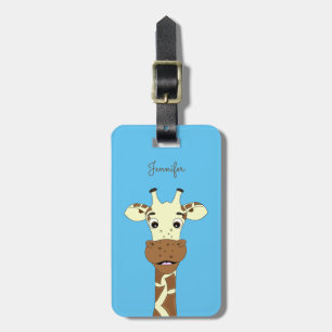 Funny giraffe cartoon blue luggage tag