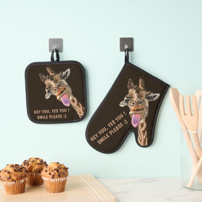 Funny Giraffe Custom Text and Colour Oven Mitt & Pot Holder Set (Insitu(Hanging))