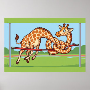 Funny Giraffe High Jump Cartoon Poster