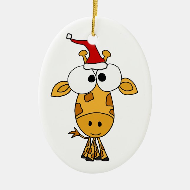 Funny Giraffe in Santa Hat Christmas Art Ceramic Tree Decoration (Front)