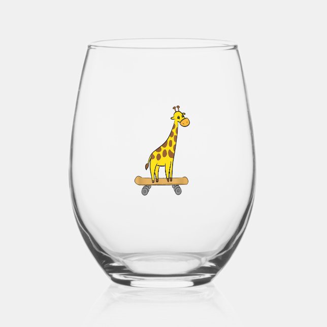 Funny Giraffe Lover Giraffe Skateboard  Stemless Wine Glass (Front)