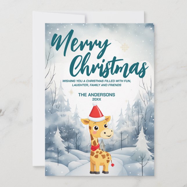 Funny Giraffe Merry Xmas tree snow Holiday party (Front)