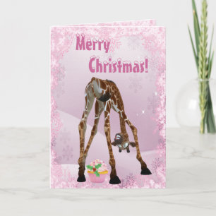 Funny Giraffe & Pink Cupcake Christmas Card