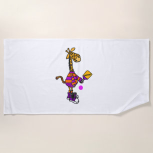 Funny Giraffe Playing Pickleball Beach Towel
