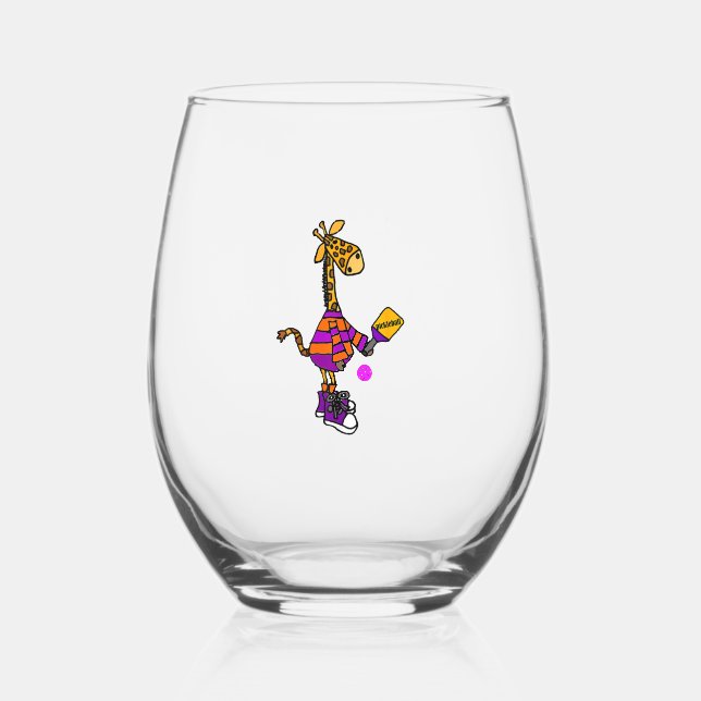 Funny Giraffe Playing Pickleball  Stemless Wine Glass (Front)