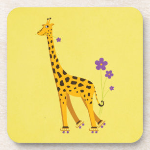 Funny Giraffe Roller Skating Yellow Girly Coaster
