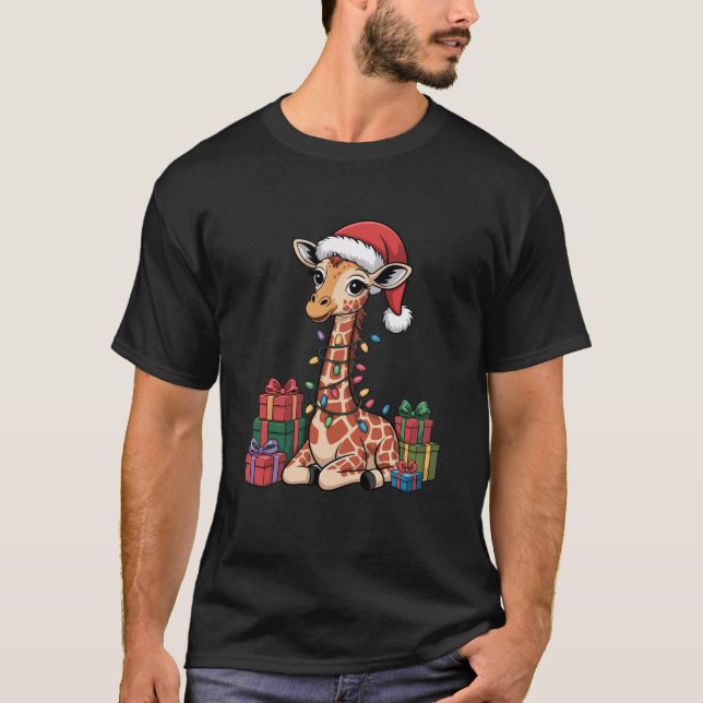 Funny Giraffe Santa Hat Animals Lovers Ugly Christ T-Shirt (Front)