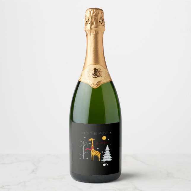 Funny Giraffe The Most Wonderful Time Christmas T- Sparkling Wine Label (Front)