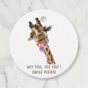 Funny Giraffe Tongue Out and Playful Wink Cartoon Favour Tags