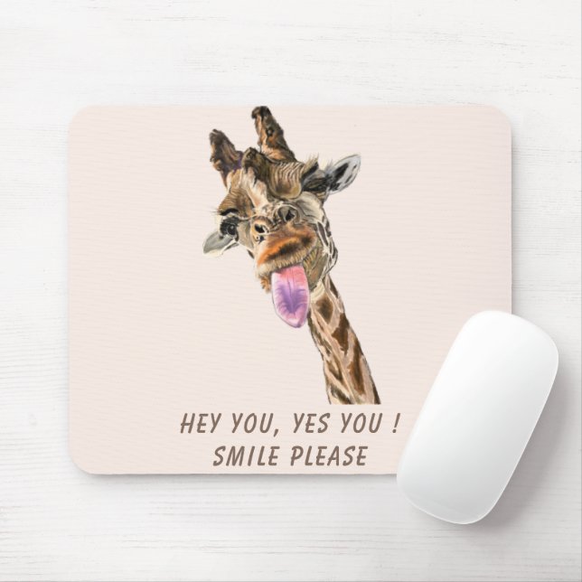 Funny Giraffe Tongue Out and Playful Wink Cartoon  Mouse Mat (With Mouse)