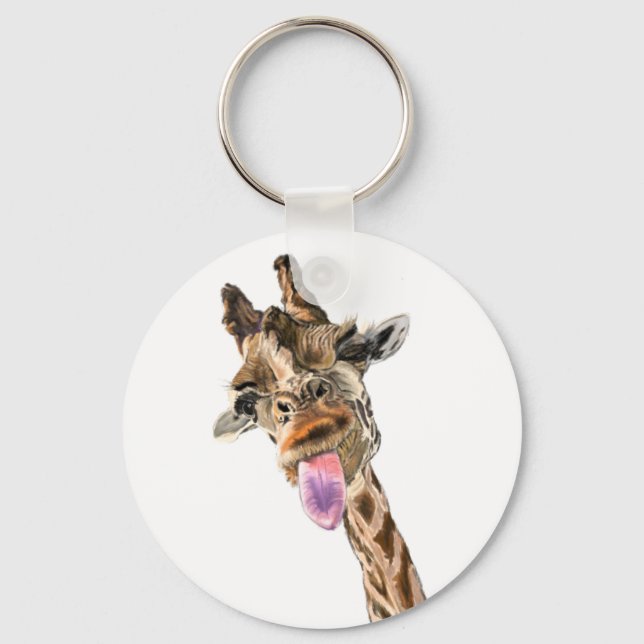 Funny Giraffe Tongue Out and Playful Wink - Hello Key Ring (Front)