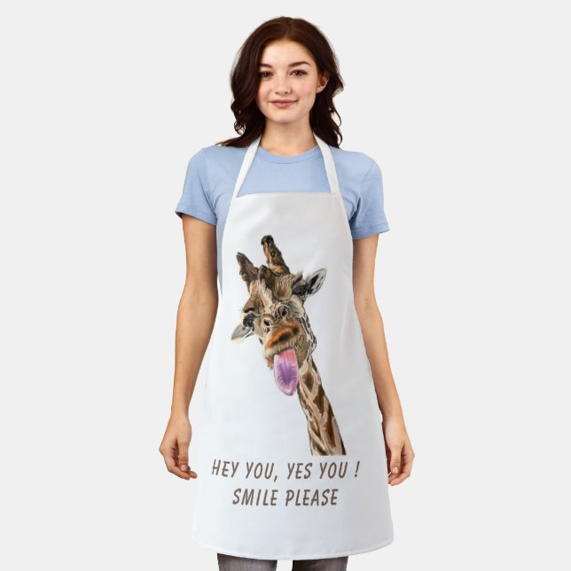 Funny Giraffe Tongue Out  Smile - Custom Text Apron (Worn)