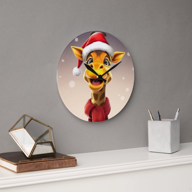 Funny giraffe wearing a Santa hat Large Clock (Office)