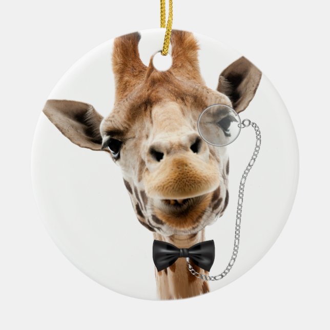 Funny Giraffe with Bowtie and Monocle Ceramic Tree Decoration (Front)