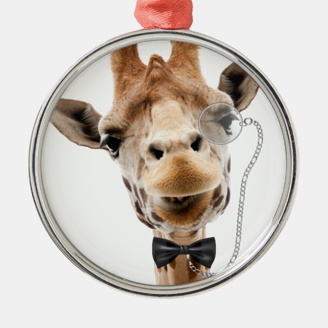 Funny Giraffe with Bowtie and Monocle Metal Tree Decoration (Front)